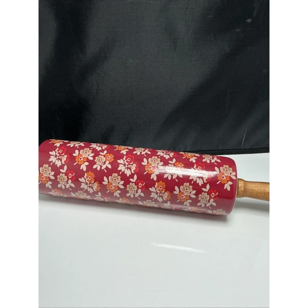 Retired Pioneer Woman Rolling Pin Fall Flowers Burgundy Autumn Harvest Ceramic